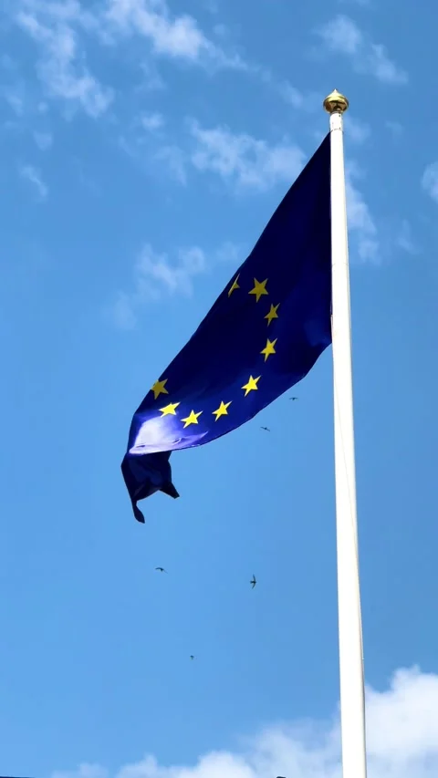 A large European flag flutters in the wind against a white flag pole Stock Footage 312688584