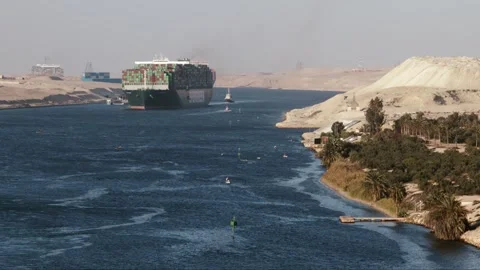 Large Evergreen container vessel sailing in the Suez Channel with an MSC Vidéo 263845619