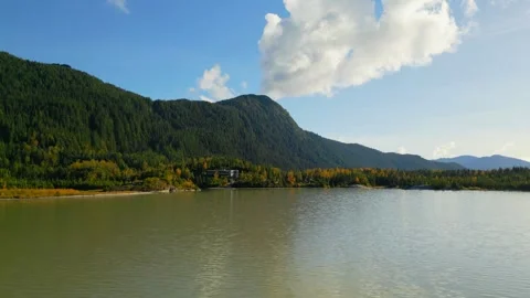 Large evergreen covered mountain with river and reflection  Vídeo Stock 294710153
