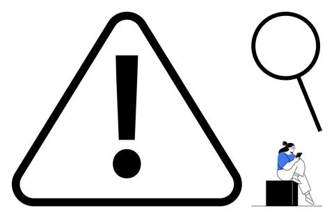 Large exclamation mark inside triangle, magnifying glass, person sitting on c Stock Illustration