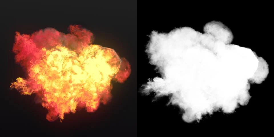 Large explosion with black smoke in dark plus alpha channel. 3d rendering Stock Illustration