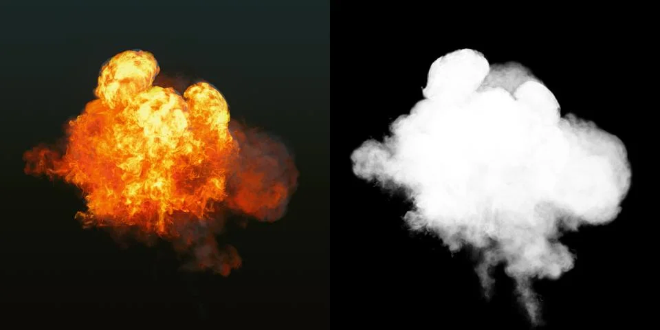 Large explosion with black smoke in dark plus alpha channel. 3d rendering Stock Illustration