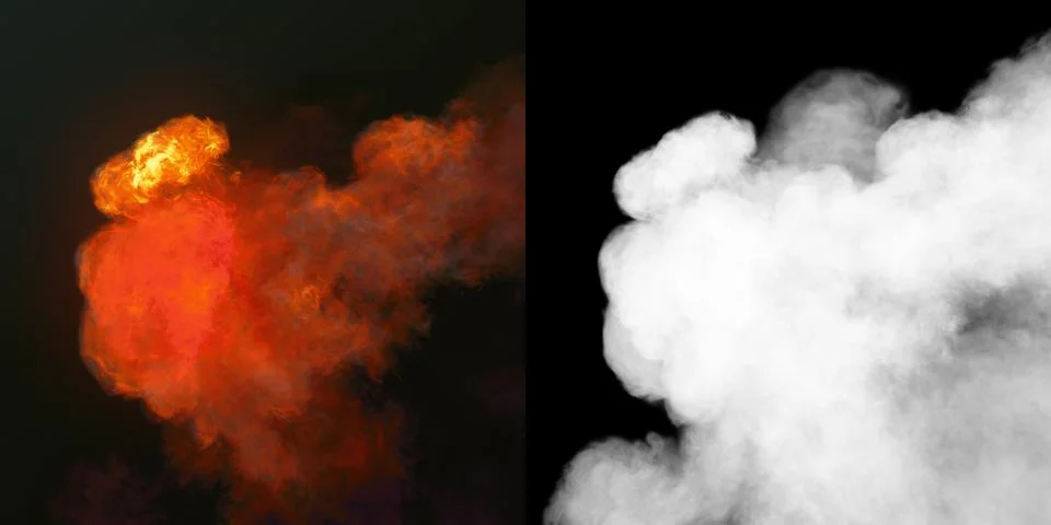 Large explosion with black smoke in dark plus alpha channel. 3d rendering イラスト素材