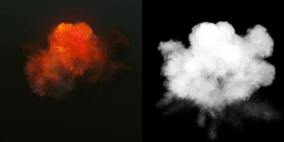 Large explosion with black smoke in dark plus alpha channel. 3d rendering Stock Illustration