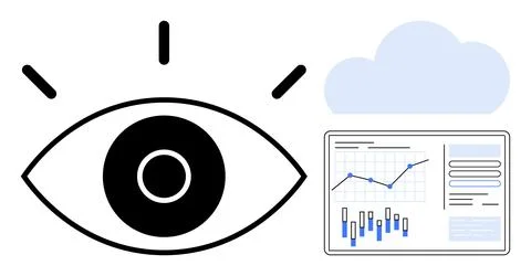 Large eye icon observing data analytics dashboard with bar and line graphs, a Illustrazione stock