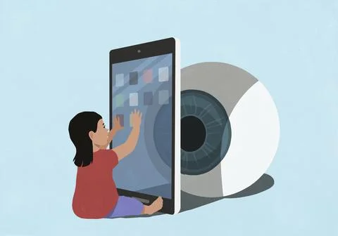 Large eyeball hiding behind smart phone, watching toddler girl using mobile apps Stock Illustration