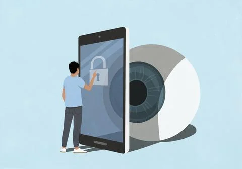 Large eyeball watching man at smart phone touch screen with padlock Stock Illustration