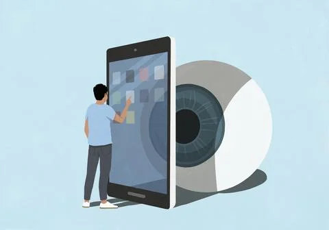 Large eyeball watching man using mobile apps on smart phone Stock Illustration