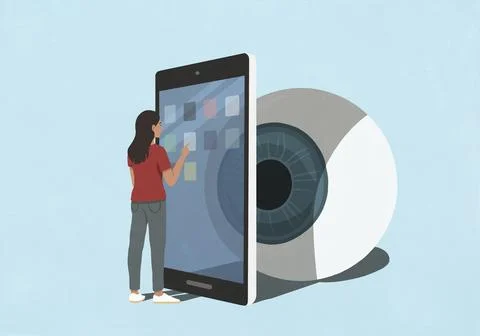 Large eyeball watching woman using mobile apps on smart phone screen 库存插图