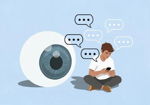 Large eyeball watching young man text messaging on blue background Stock Illustration