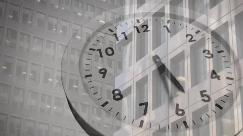 Large faint clock face overlapping window grid, hands rotating clockwise showing Stock Footage 334315951