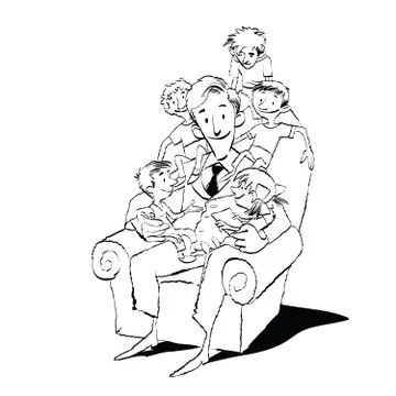 Large family, dad in a chair with children Stock Illustration