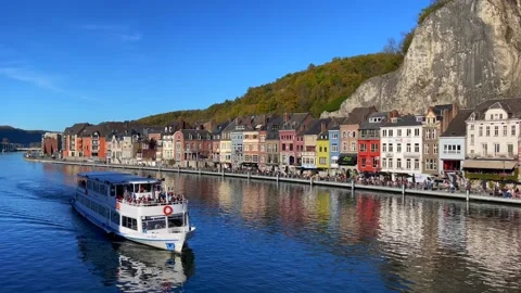 Large ferryboat sailing on the Meuse river in Dinant, Belgium Stock Footage 225925122