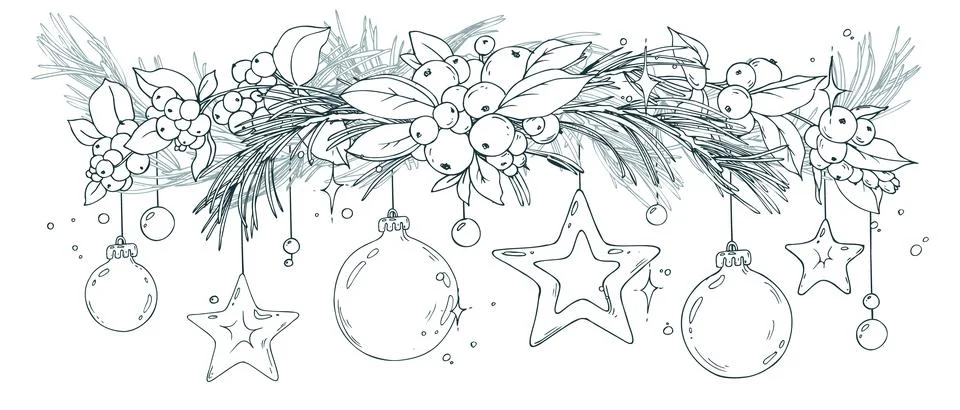 Large festive composition with pine branches, ornaments, baubles and stars. Hand Stock Illustration