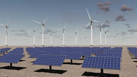 Large field with solar panels and wind generators. Stock Footage 286980366