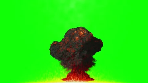 Large fiery explosion with smoke cloud isolated on green screen background for Stock Footage 343807406