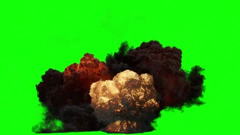 Large fiery explosion with thick black smoke isolated on green screen background Stock Footage 345627177