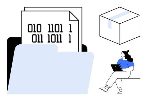 Large file folder containing binary code document, sealed package box, female Stock Illustration