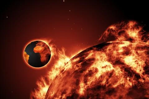 Large fire ball of the sun with earth 스톡 일러스트