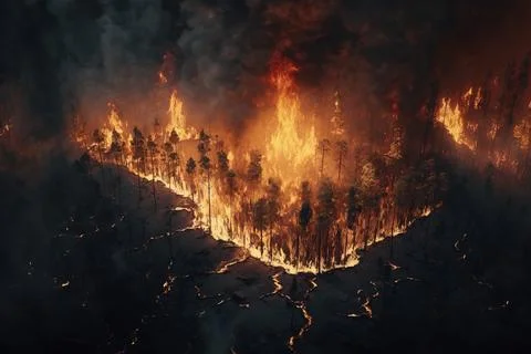 A large fire is burning in a forest area with trees on it's sides apocalypt.. Stock Illustration