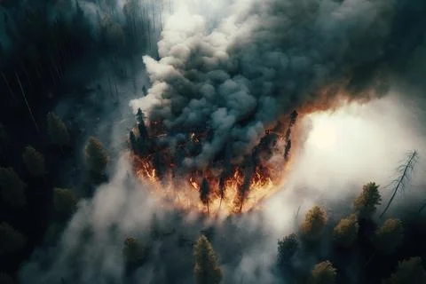 A large fire is burning in the middle of a forest with trees and smoke bill.. 스톡 일러스트
