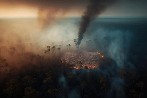 A large fire burning in the middle of a forest filled with trees and smokes.. Stock Illustration