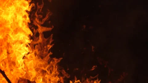 Large Fire Burns At Night Stock Footage 195281378