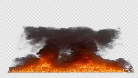 Large Fire Explosion Wall with Smoke on Black Background with Alpha Channel Stock Footage 346176347
