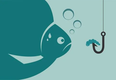 Large fish looking at a worm attached to the hook. Illustrazione stock