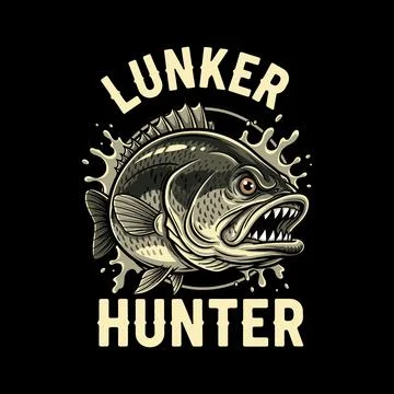A large fish with sharp teeth and the words Lunker Hunter on it fishing tshirt Stock Illustration