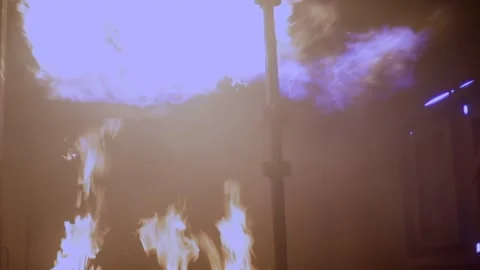 Large Flames Inside Firefighter Training Trailer, real time Stock Footage 195991597