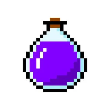 Large flask of pixel potion. Magical purple potion in bottle with cork Stock Illustration