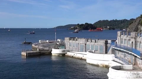 Large floating crane being towed across Plymouth Sound England. Stock Footage 136949057