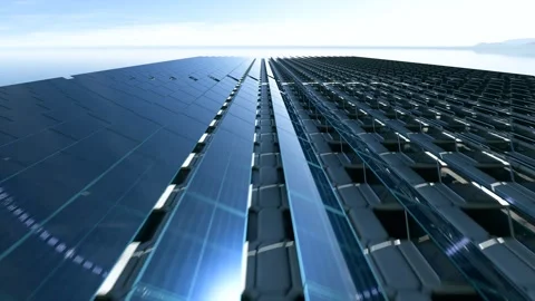 Large floating solar panel array efficiently harnessing energy on calm water Stock Footage 288978345