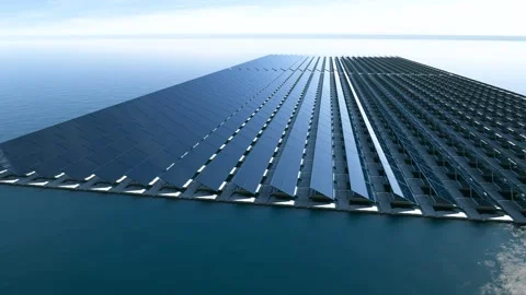 Large floating solar panel array efficiently harnessing energy on calm water Stock Footage 288978469