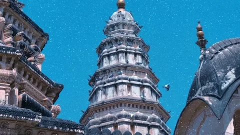 A large flock of pigeons fly over Old Rangji Temple and sit on its dome Stock Footage 330892468