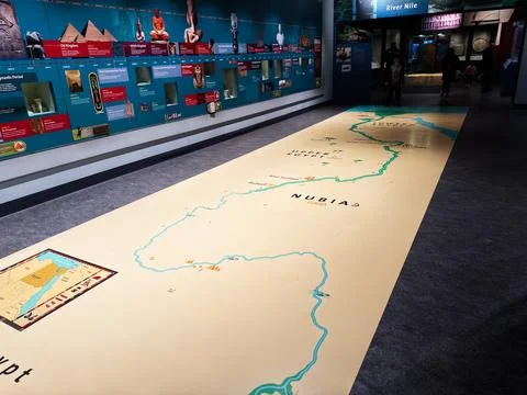 Large floor map of the River Nile and Nubia exhibit in a museum gallery Liv.. Stock-Fotos