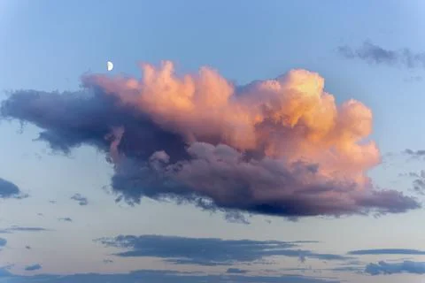 Large fluffy pink clouds illuminated by sunset light with crescent moon in sk Stock Photos