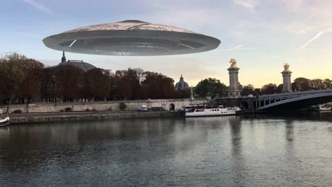 Large Flying saucer ufo over Paris seine river Stock Footage 147905261