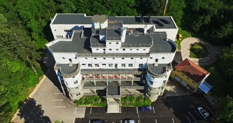 Large Forest Mansion Modern Architecture Brutalism Clean White Fascade Aerial Stock Footage 300484335