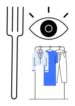 Large fork, eye with radiating lines, and clothing items on hangers including Stock Illustration