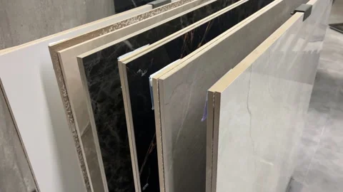Large Format Ceramic Tiles on Display Rack in Showroom | Samples of Porcelain Stock Footage 331752999