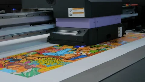 Large format colorful printing - UV digital flatbed printer during work Stock Footage 139986569