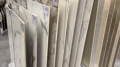 Large Format Floor Marble Tile Samples on Display in Building Materials Showroom Stock Footage 330036580
