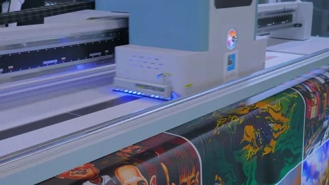 Large format Galaxy printer is printing colorful promotional material 動画素材 347245266