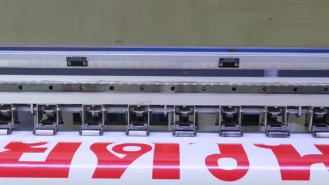 Large format inkjet printer with head inkjet printing with Thai letter on vin Stock Footage 221889359
