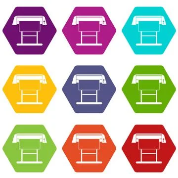 Large format inkjet printer icon set color hexahedron Illustrazione stock
