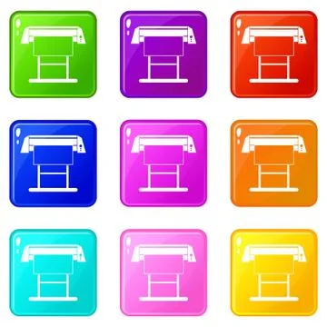 Large format inkjet printer icons 9 set Stock Illustration