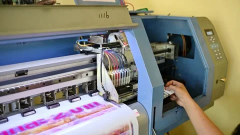 Large format inkjet printer with printing on paper vinyl Stock Footage 163523104