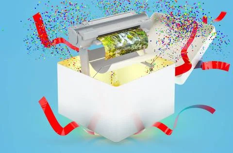 Large format inkjet printing. Plotter inside gift box, 3D rendering Large ... Fotos de archivo